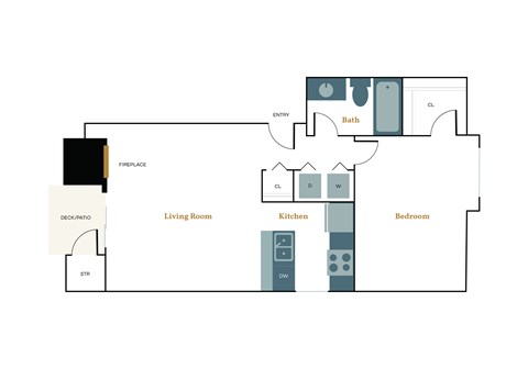 Floor plan for 1 bed, 1 bath, 630 sqft
